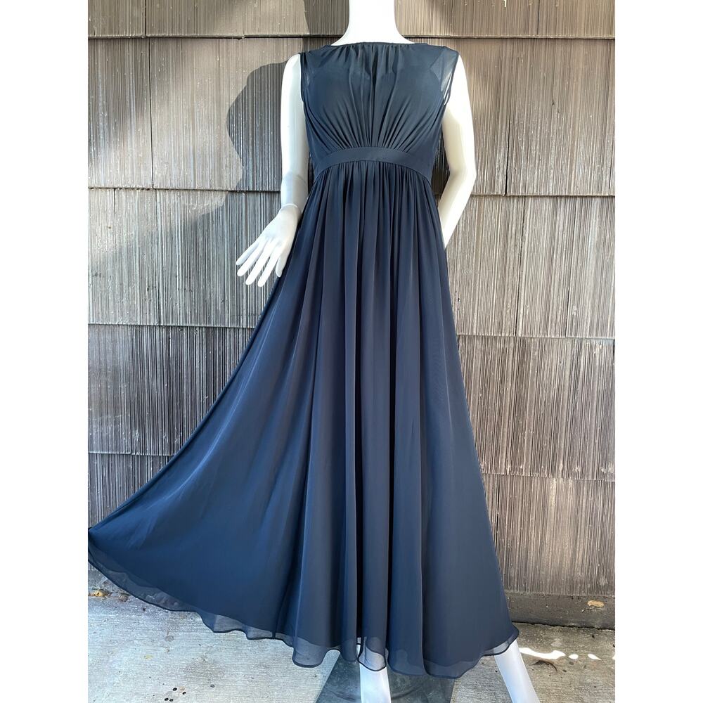 🔥JENNY YOO Pleated Chiffon Navy Gown Bridesmaid Mother Bride Formal Maxi Dress 8